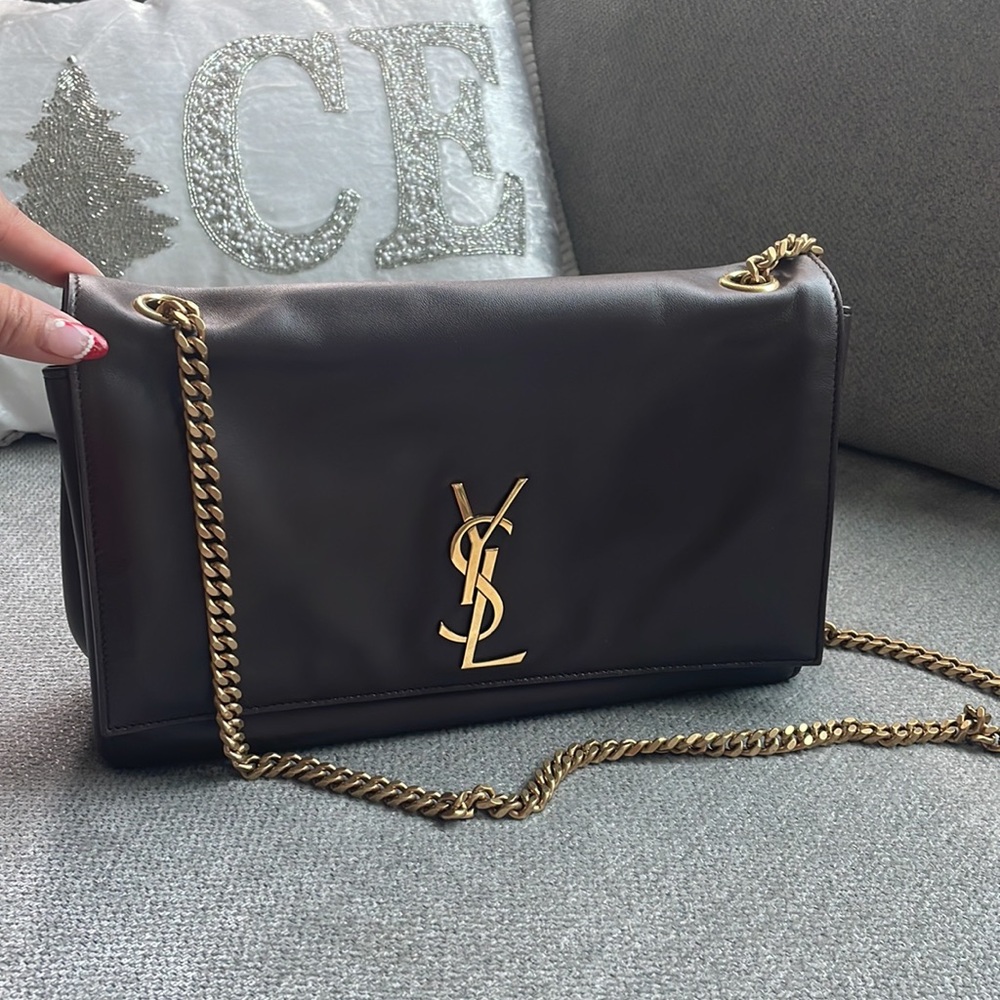 YSL brown leather suede interior gold chain handbag